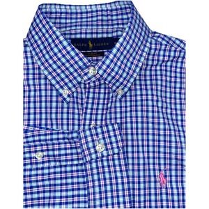 Polo Ralph Lauren Slim Fit Performance Men's Medium Gingham Check Pink Pony